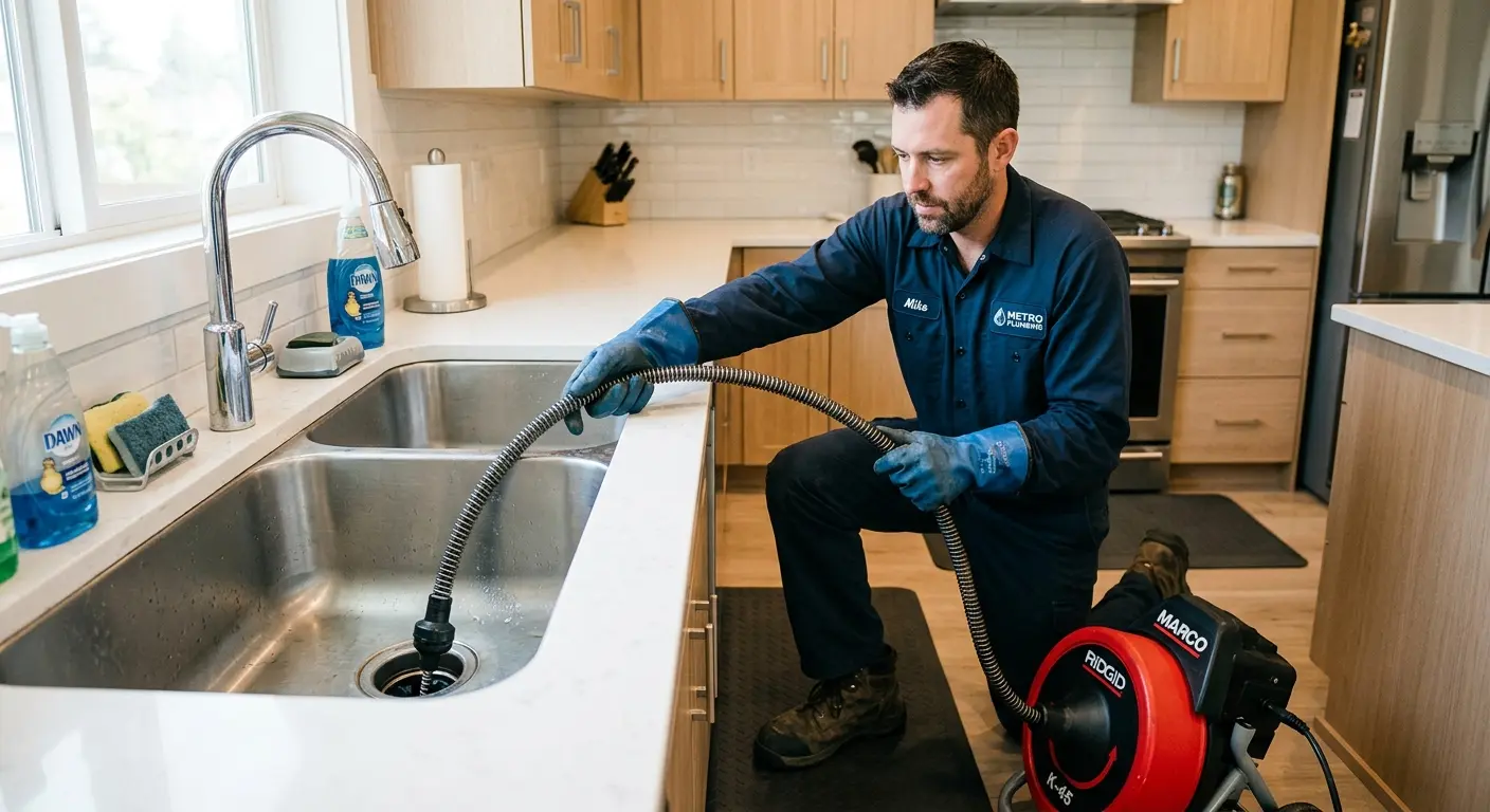 Drain cleaning technician using a motorized snake on a kitchen sink in Independent Hill