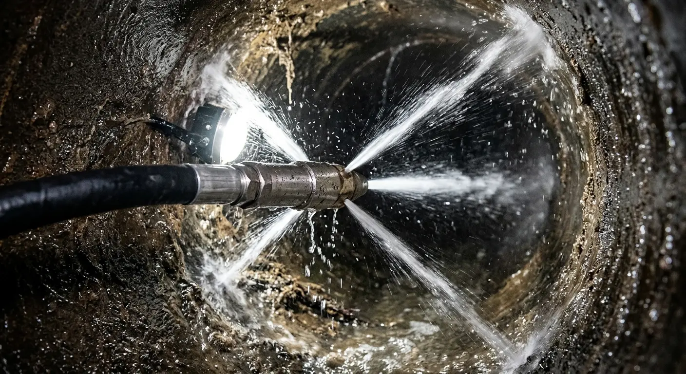 High-pressure hydro jetting nozzle cleaning sewer pipe for Emergency Drain Service in Independent Hill