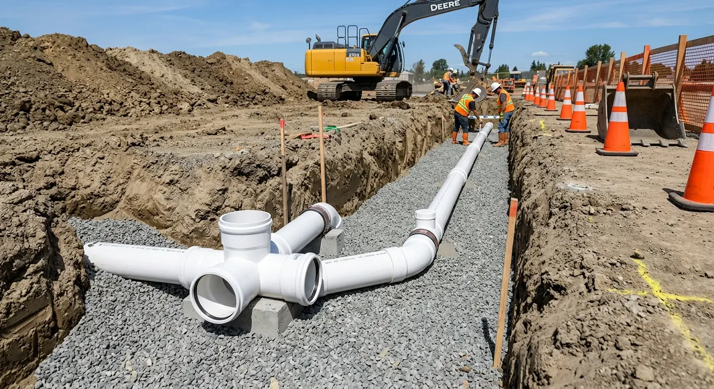New PVC sewer pipe installation in open trench for Commercial Drain Cleaning in Independent Hill