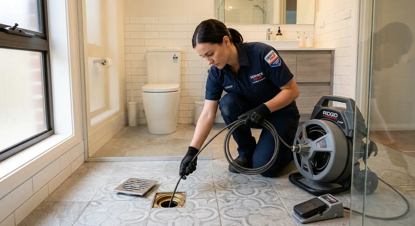 Technician clearing a bathroom floor drain for Sewer Line Replacement in Independent Hill